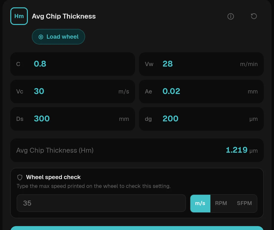 An Abrasor calculator card: average chip thickness with inputs filled in, the result and a wheel speed check
