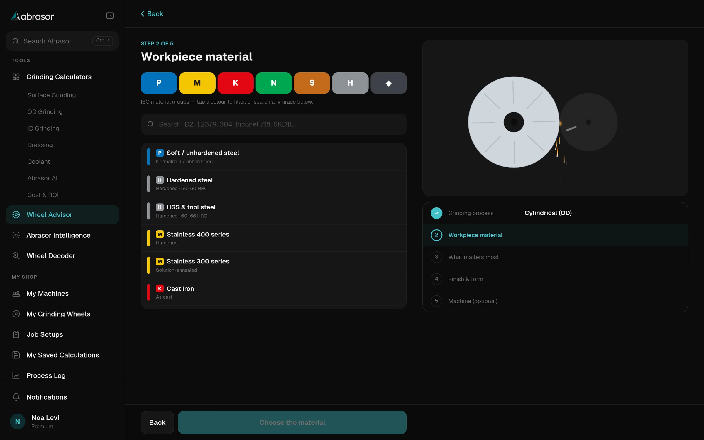 The Wheel Advisor on a desktop, at step 2 of 5: ISO material groups, a list of workpiece materials, a live drawing of the wheel and the work, and the five steps