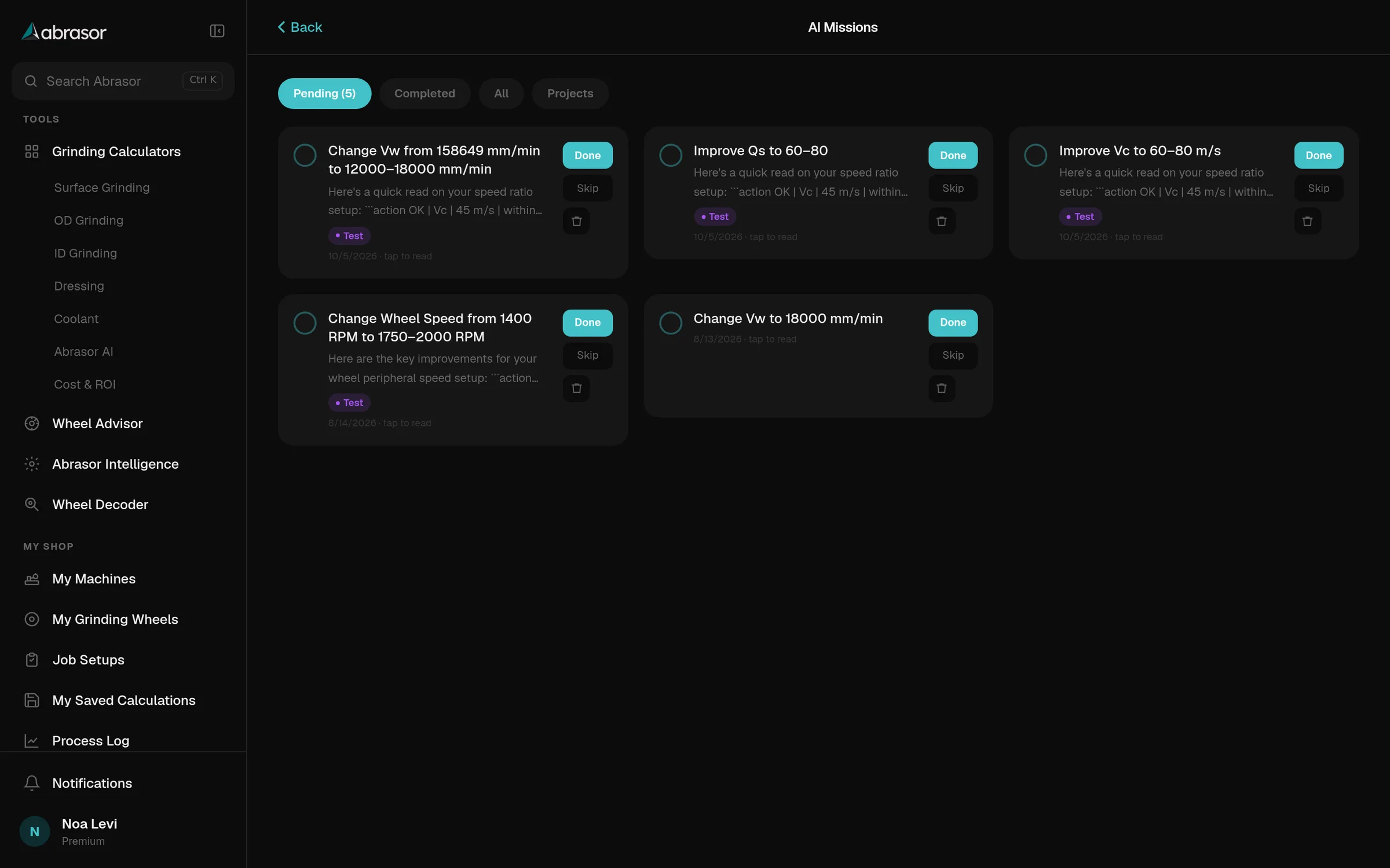 AI Missions on a desktop: pending missions such as Change Vw to 18000 mm/min, each with Done and Skip buttons