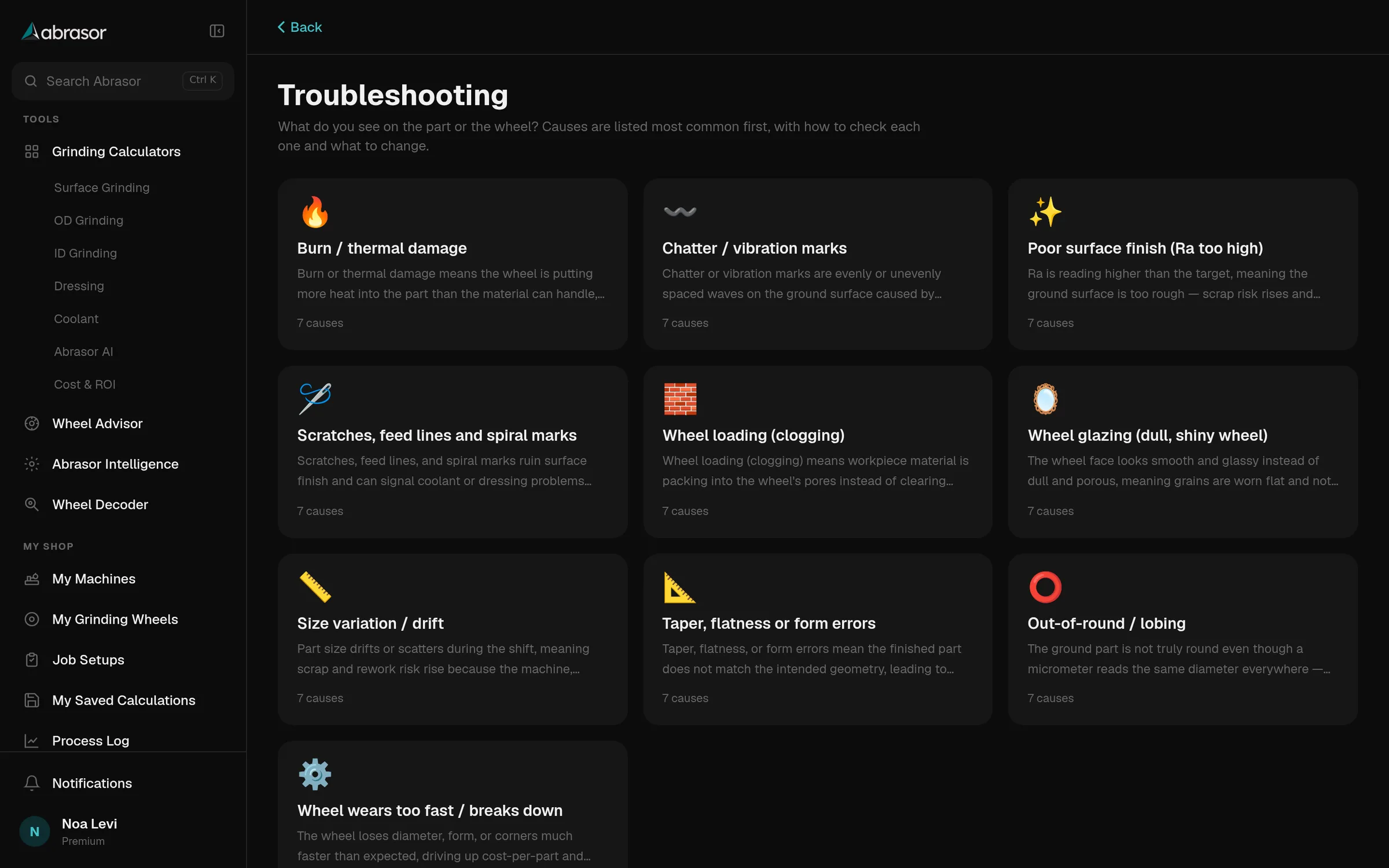 The troubleshooting guide on a desktop: ten symptom tiles, from burn and chatter to a wheel that wears too fast