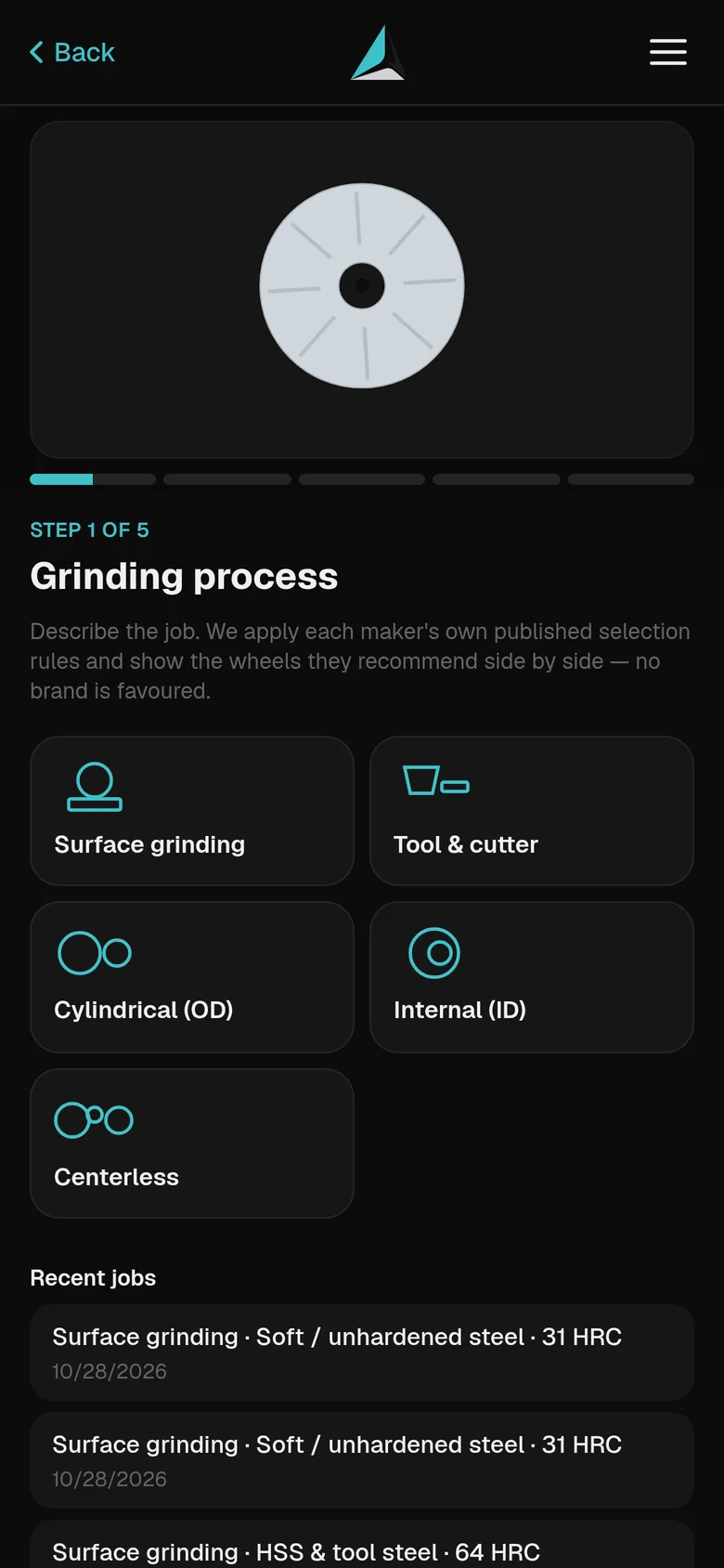 The Wheel Advisor on a phone, at step 1: choose the grinding process, with recent jobs below