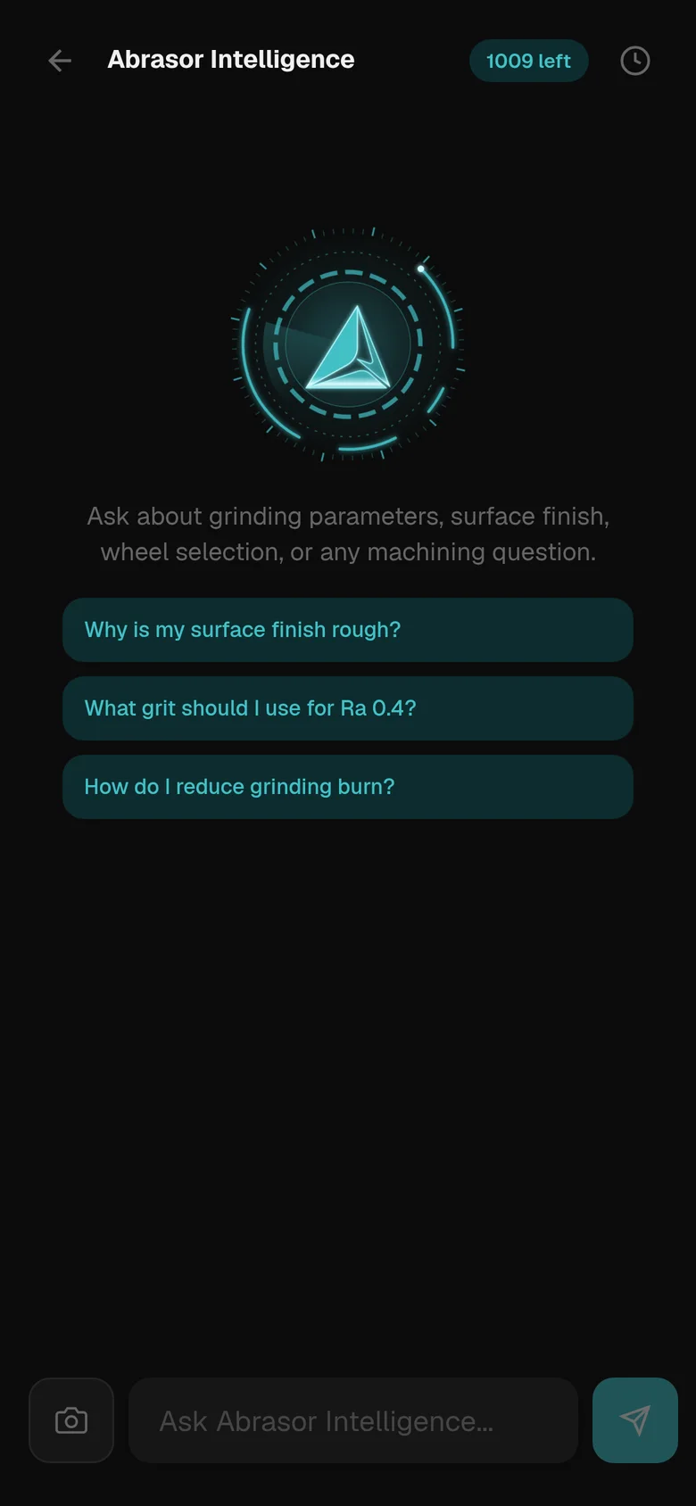 Abrasor Intelligence on a phone: the glowing core symbol and three suggested questions about surface finish, grit and grinding burn